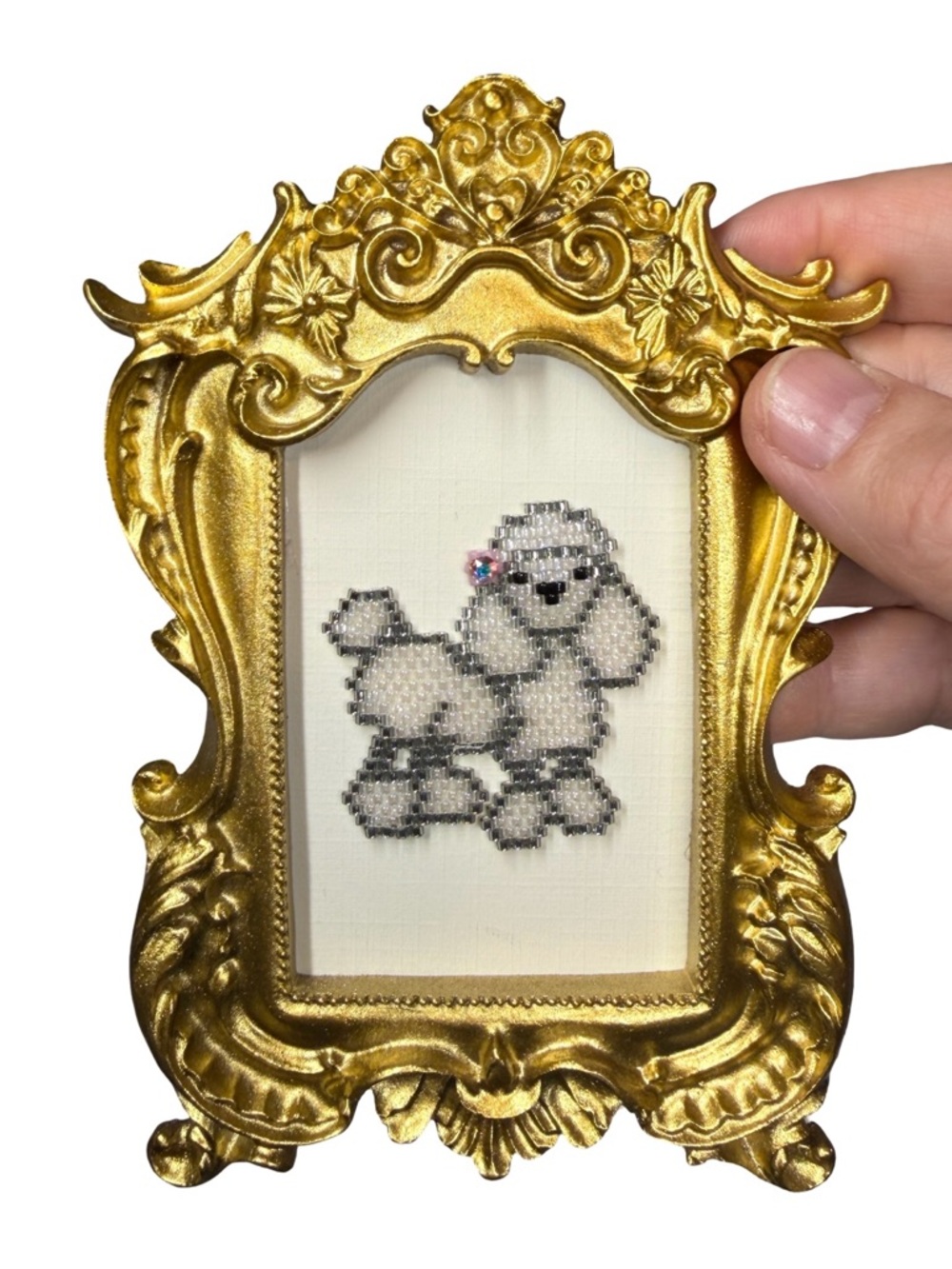 Hand-Beaded Poodle Portrait – Miniature Dog Art with Crystal, Ornate Gold Frame - Picture 3 of 5